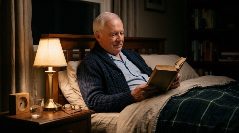 Older man in a cardigan reading a book in bed by warm lamplight, part of a calm evening wind-down routine before sleep