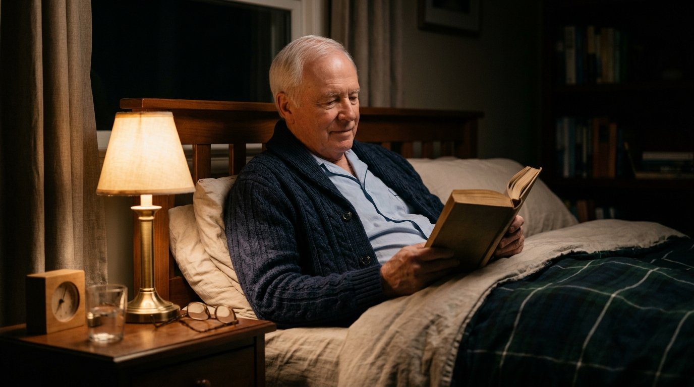 Older man in a cardigan reading a book in bed by warm lamplight, part of a calm evening wind-down routine before sleep