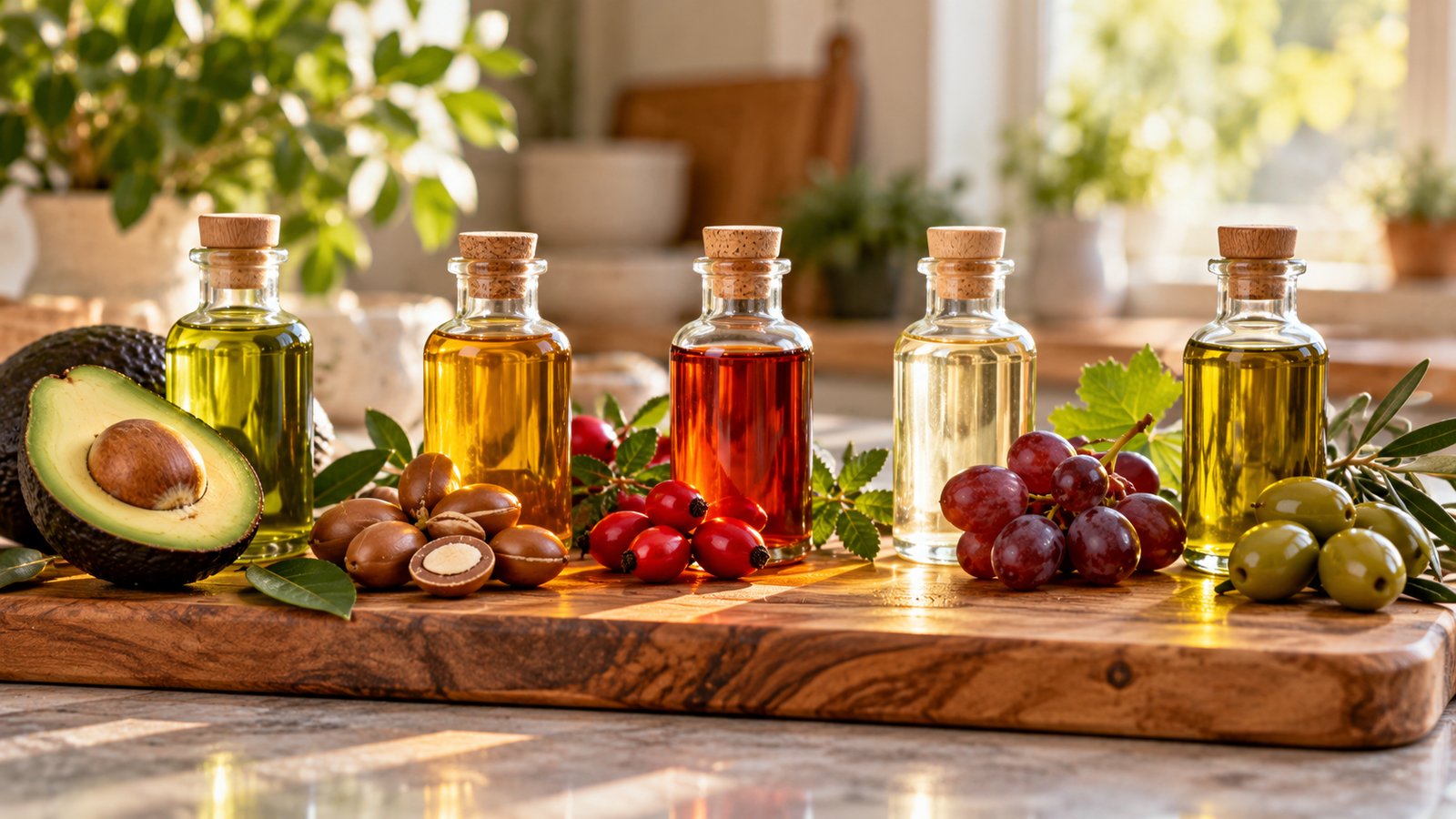 Five carrier oils on a wooden board beside avocado, argan nuts, rosehips, grapes and olives