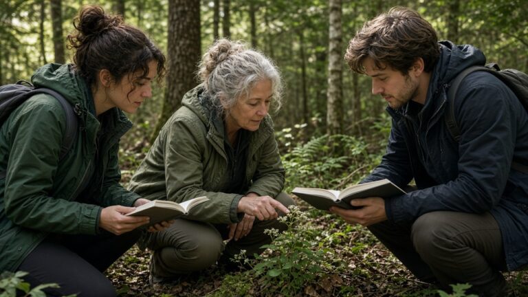 Experienced forager showing beginners how to identify a wild plant in the forest