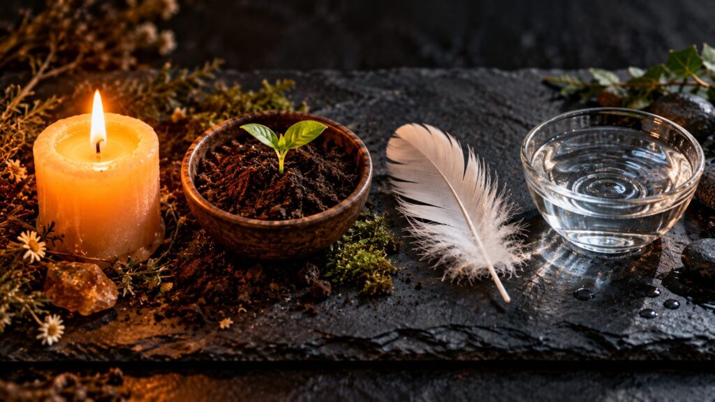 The four zodiac elements shown as a candle flame for fire, soil with a sprout for earth, a feather for air and a bowl of water