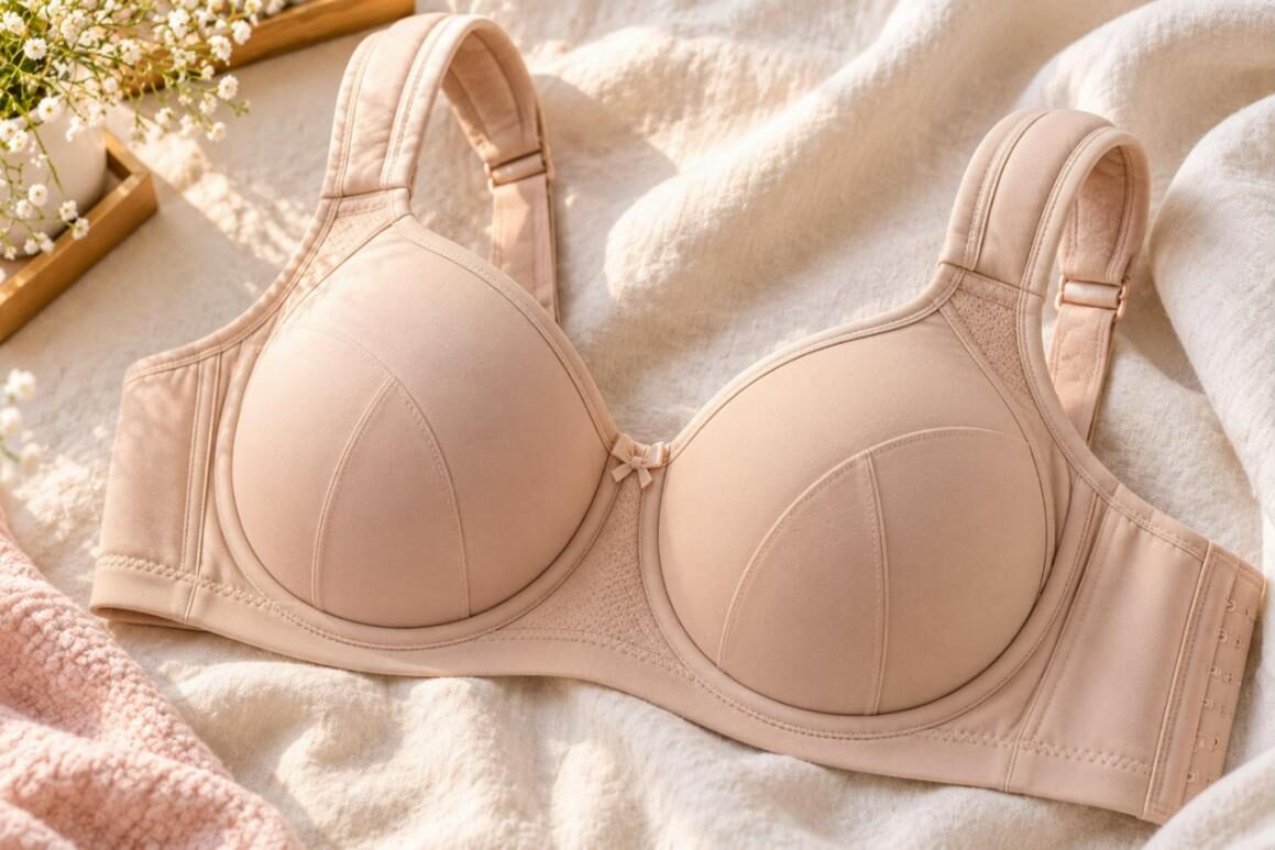 Full coverage underwire bra for large breasts with wide band and padded straps