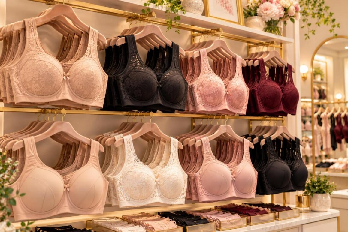 Full figure bras for large breasts displayed in a lingerie boutique