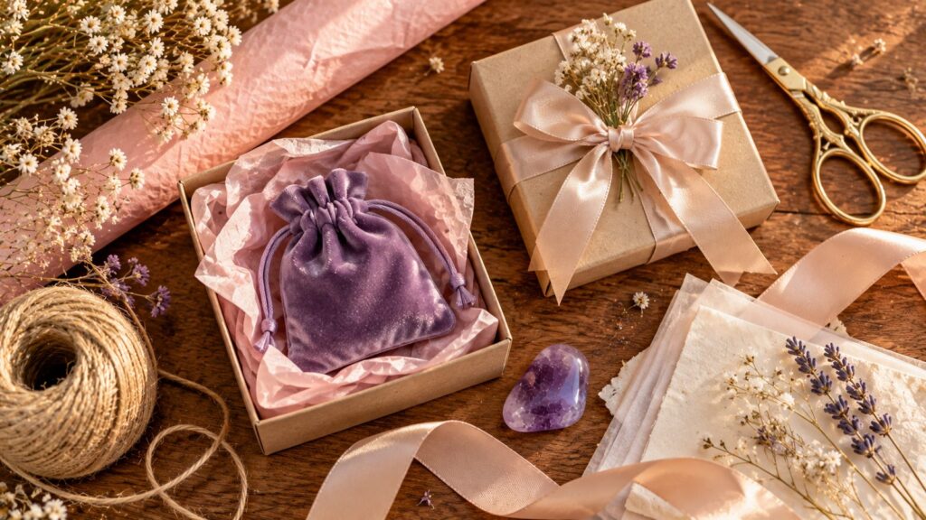 Gift-wrapping supplies with a velvet pouch, tissue paper, twine, scissors and a tumbled amethyst