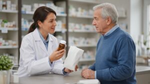 Pharmacist talking with an older man about an herbal supplement and his prescription