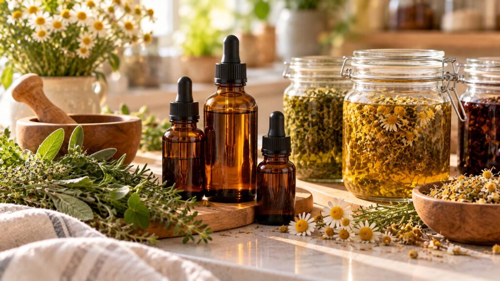 Amber herbal tincture dropper bottles next to jars of chamomile and herbs steeping in liquid