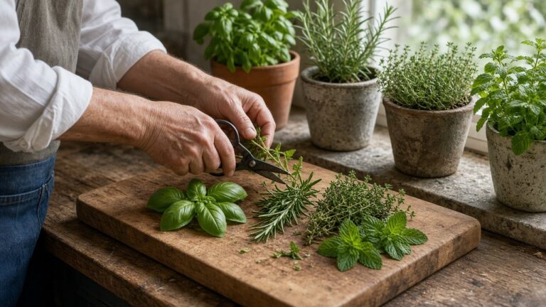 Fresh basil, rosemary, thyme and mint being trimmed on a wooden cutting board beside potted herbs