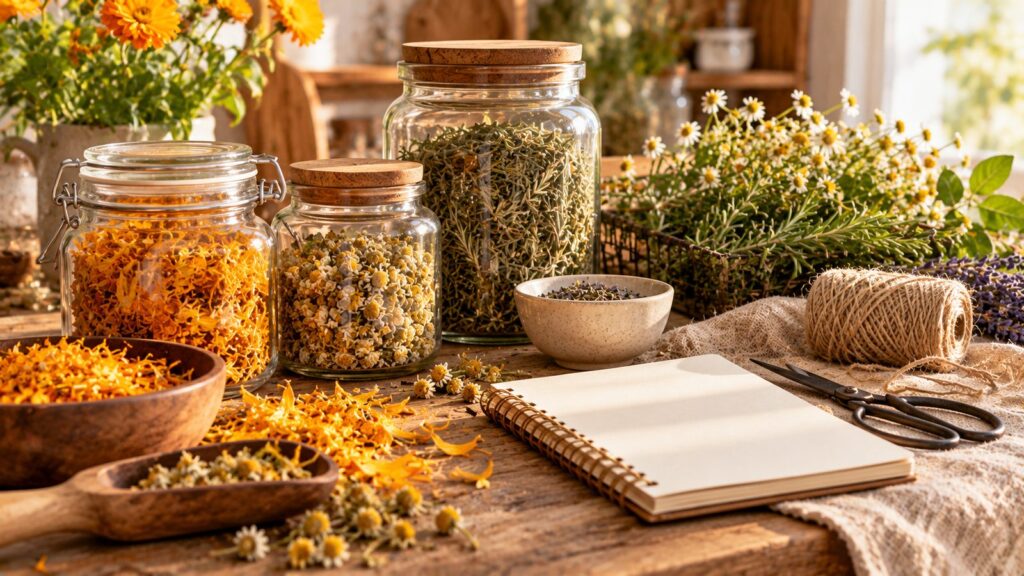 Home apothecary setup with glass jars of dried calendula, chamomile and rosemary, twine and scissors