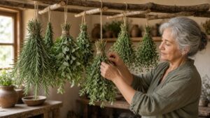 Bundles of fresh herbs hanging upside down to air dry in a rustic kitchen