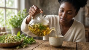 Woman pouring herbal tea from a glass teapot with chamomile and mint steeping inside