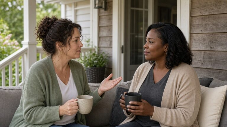 Two women having a calm, honest conversation about boundaries on a porch with coffee mugs