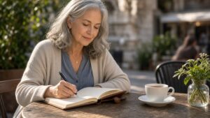 Woman with gray hair writing in a leather journal at a sunny cafe table with a cup of tea