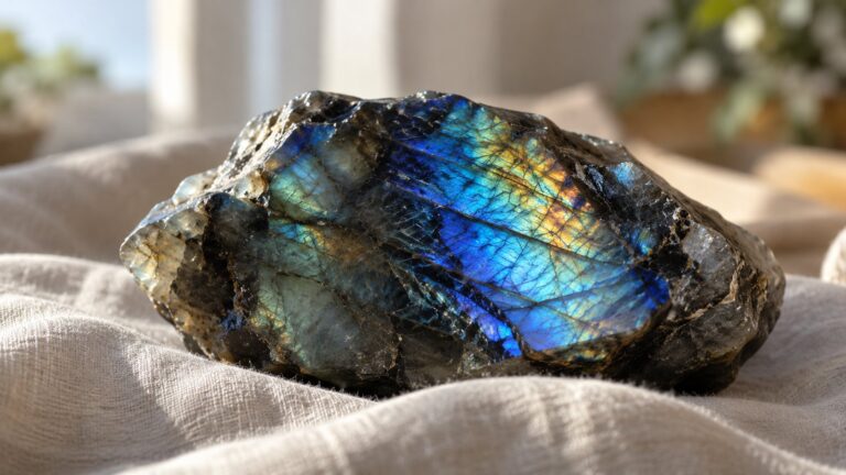 Raw labradorite showing blue and gold flash on linen