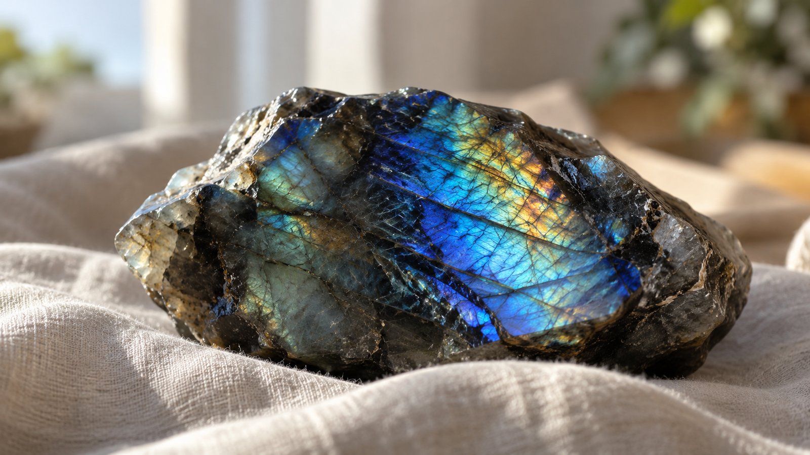 Raw labradorite showing blue and gold flash on linen