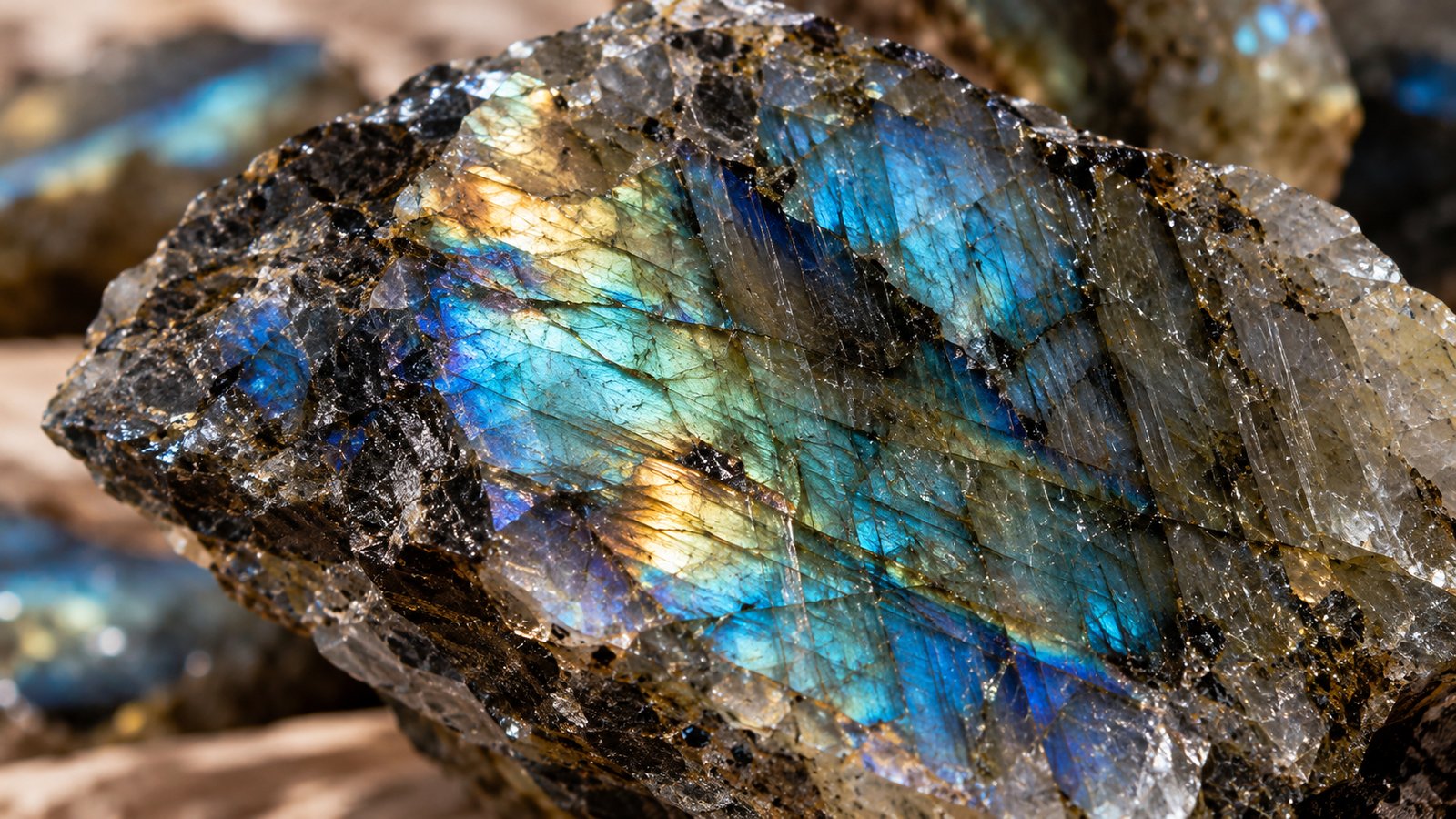 Close-up of labradorite with vivid blue and amber iridescence