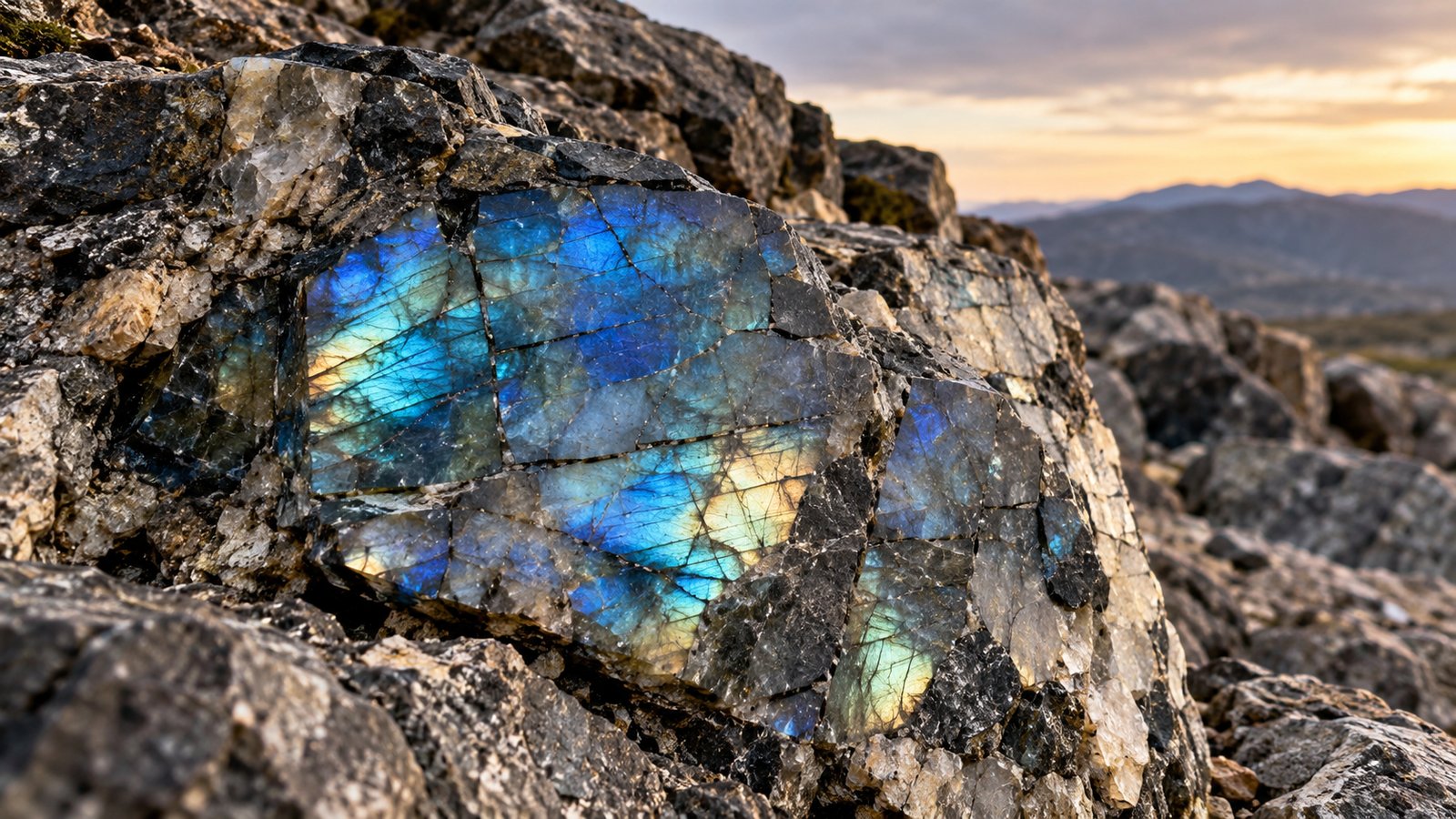 Labradorite flashing blue on a rock face at sunset
