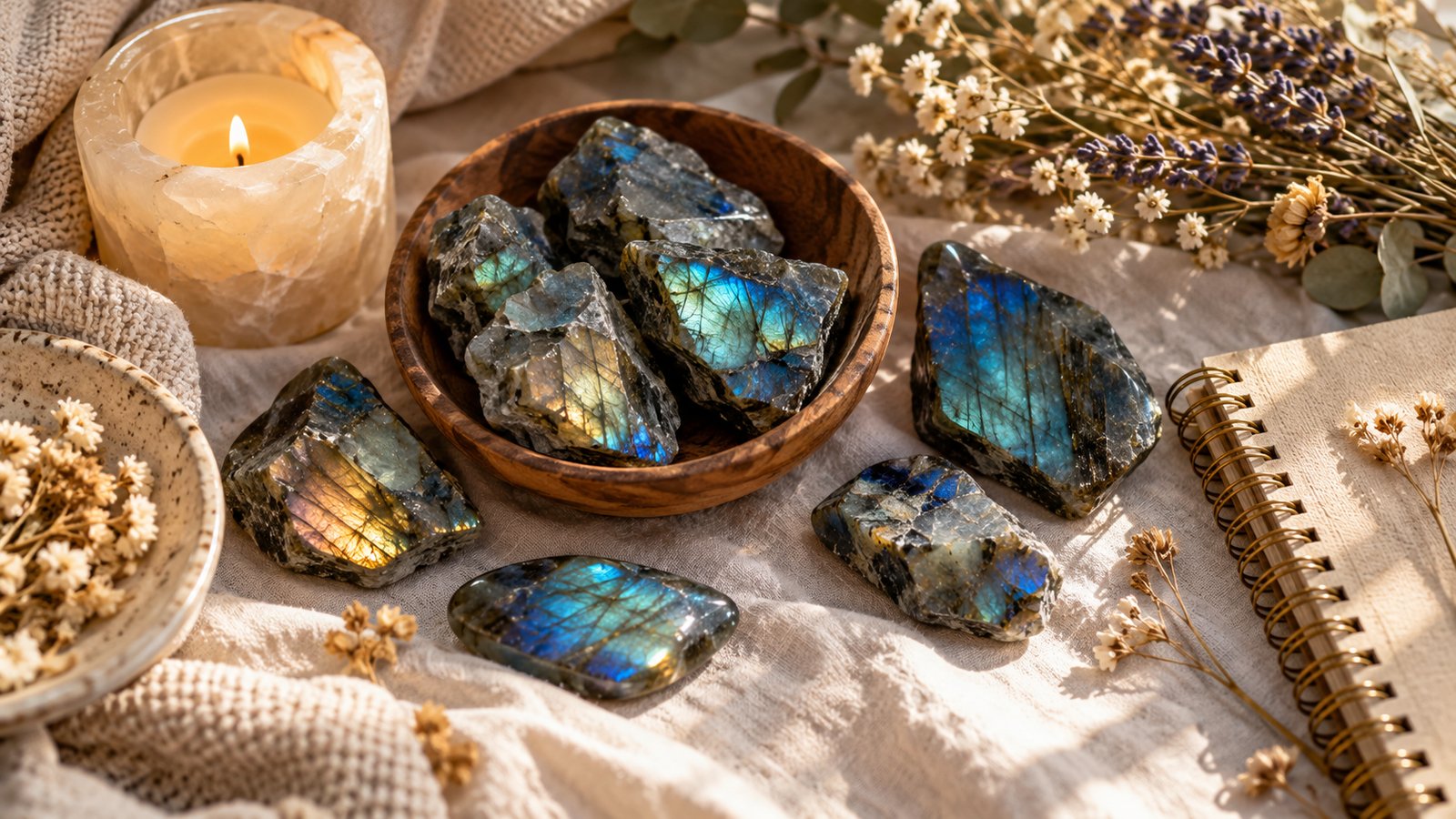 Labradorite pieces in a wooden bowl with a candle and notebook