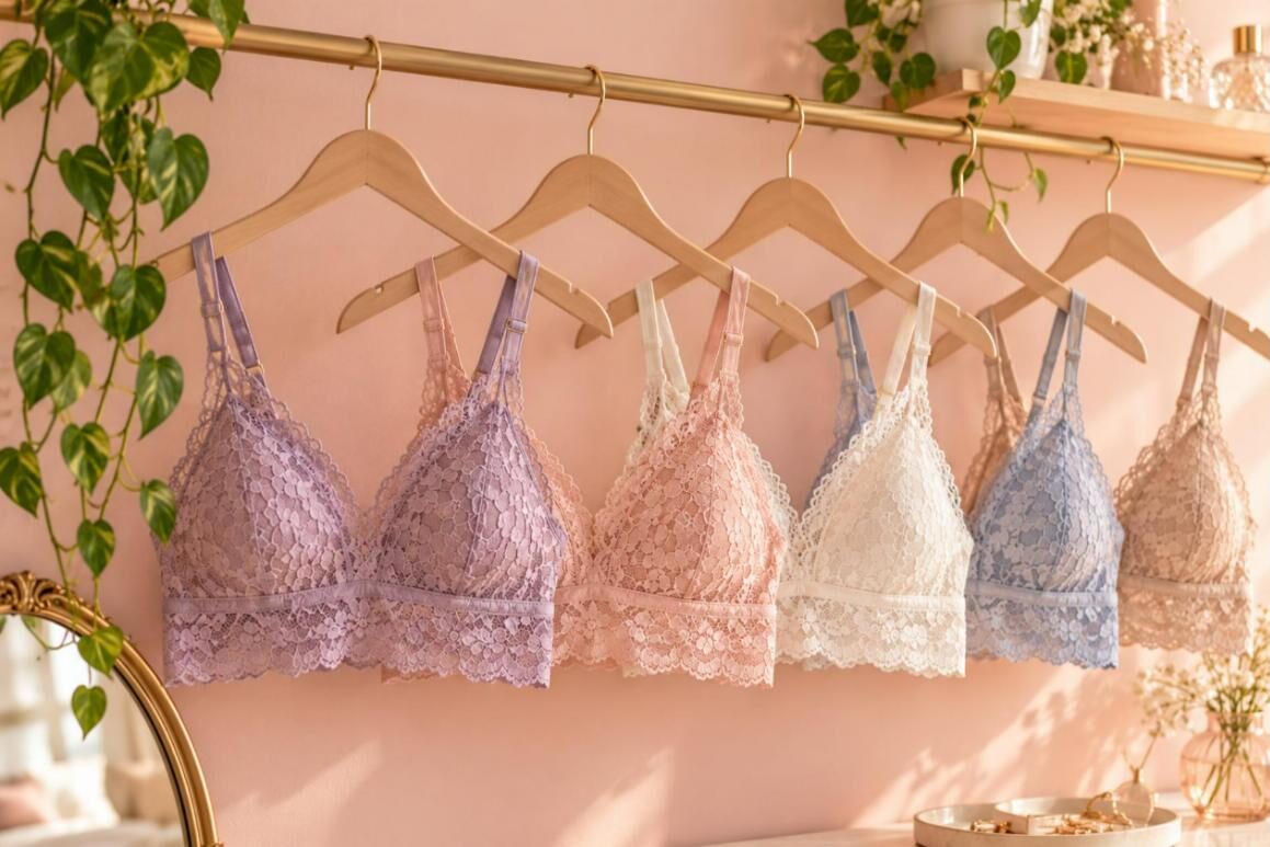 Lace bralettes for small breasts hanging on wooden hangers