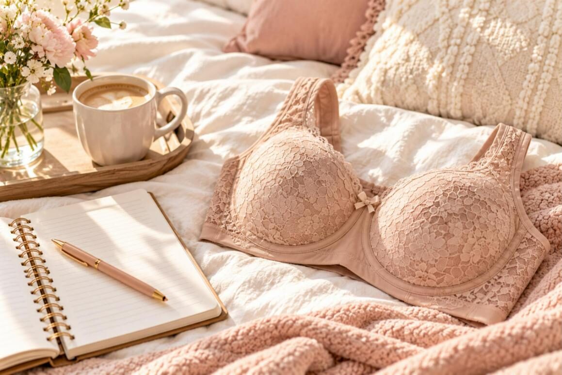 Lace full coverage bra with coffee and notebook on a bed