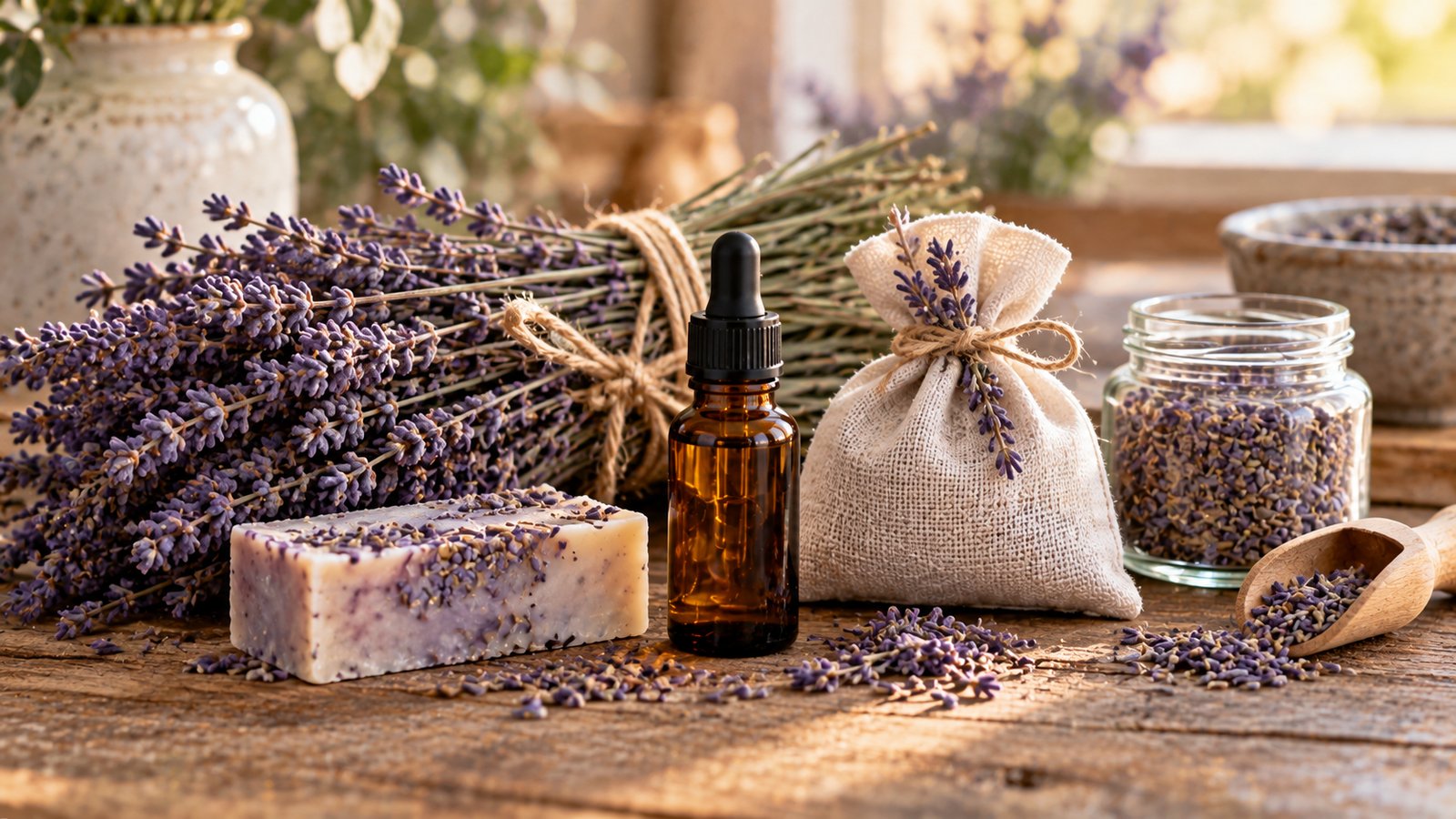 Lavender essential oil bottle beside dried lavender bundles, lavender soap, a sachet and a jar of dried buds