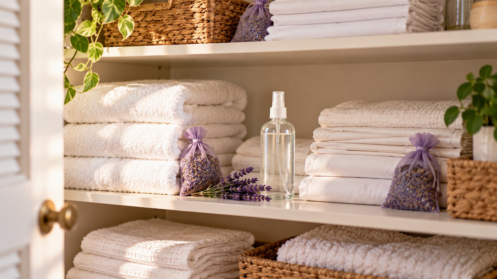 Linen closet with folded white sheets, a glass spray bottle and lavender sachets