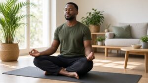 Man sitting cross-legged on a yoga mat with eyes closed practicing mindful breathing in a sunlit living room