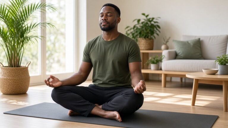 Man sitting cross-legged on a yoga mat with eyes closed practicing mindful breathing in a sunlit living room
