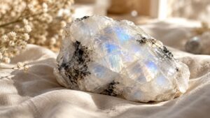 Raw moonstone with blue sheen on linen in soft light