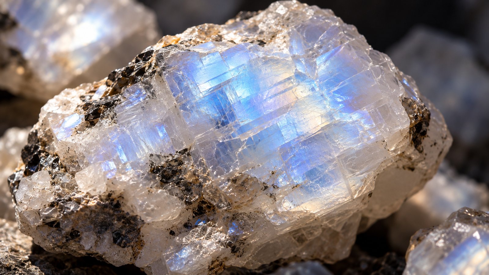 Close-up of moonstone showing blue adularescence