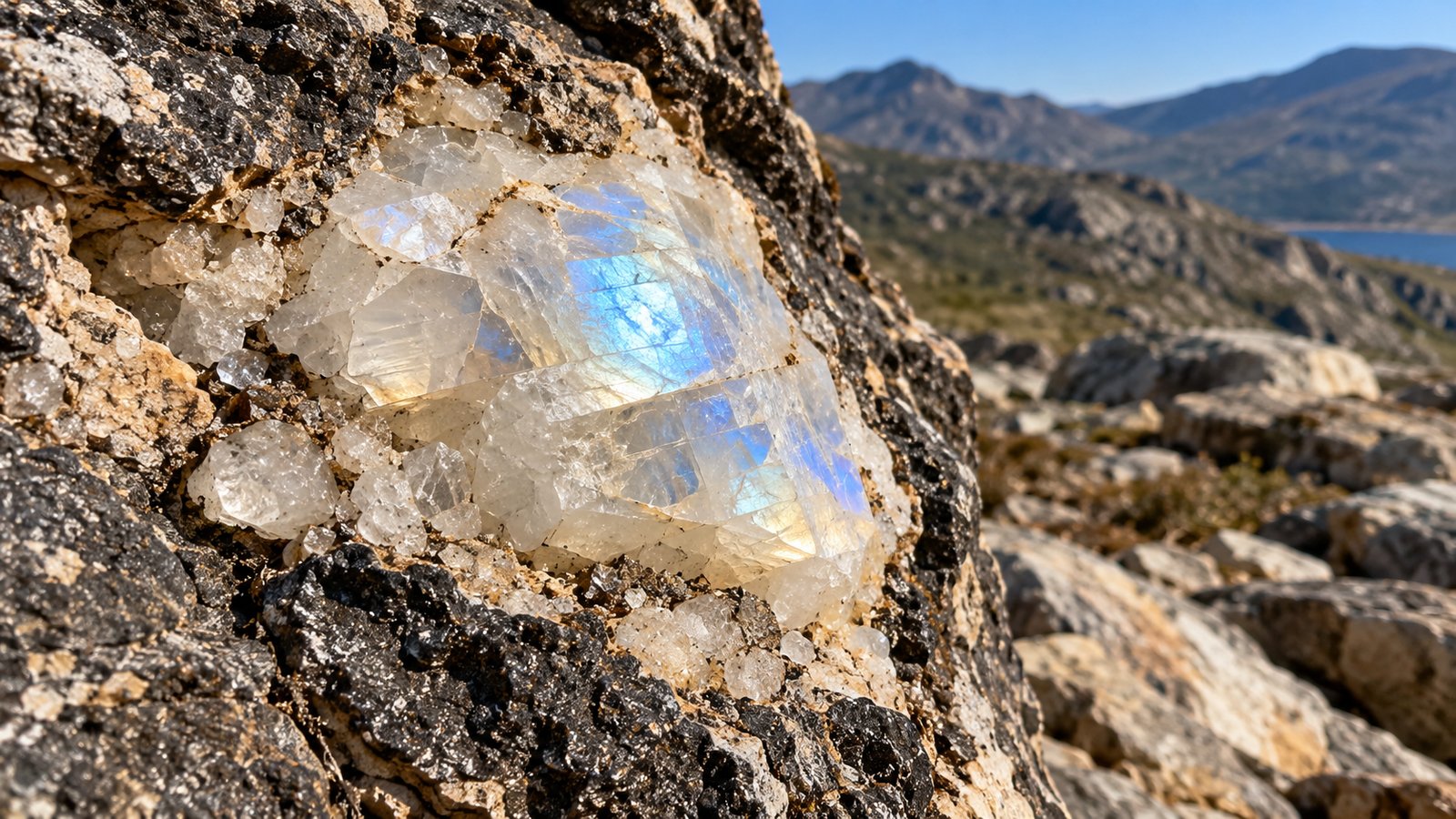 Moonstone crystals in a rocky coastal hillside