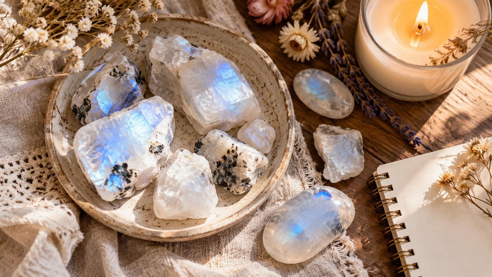 Moonstone pieces on a ceramic dish with a candle and a notebook