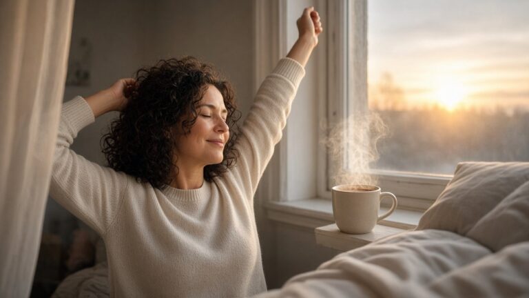 Woman stretching by a sunlit bedroom window with a mug of tea during a calm morning self-care routine