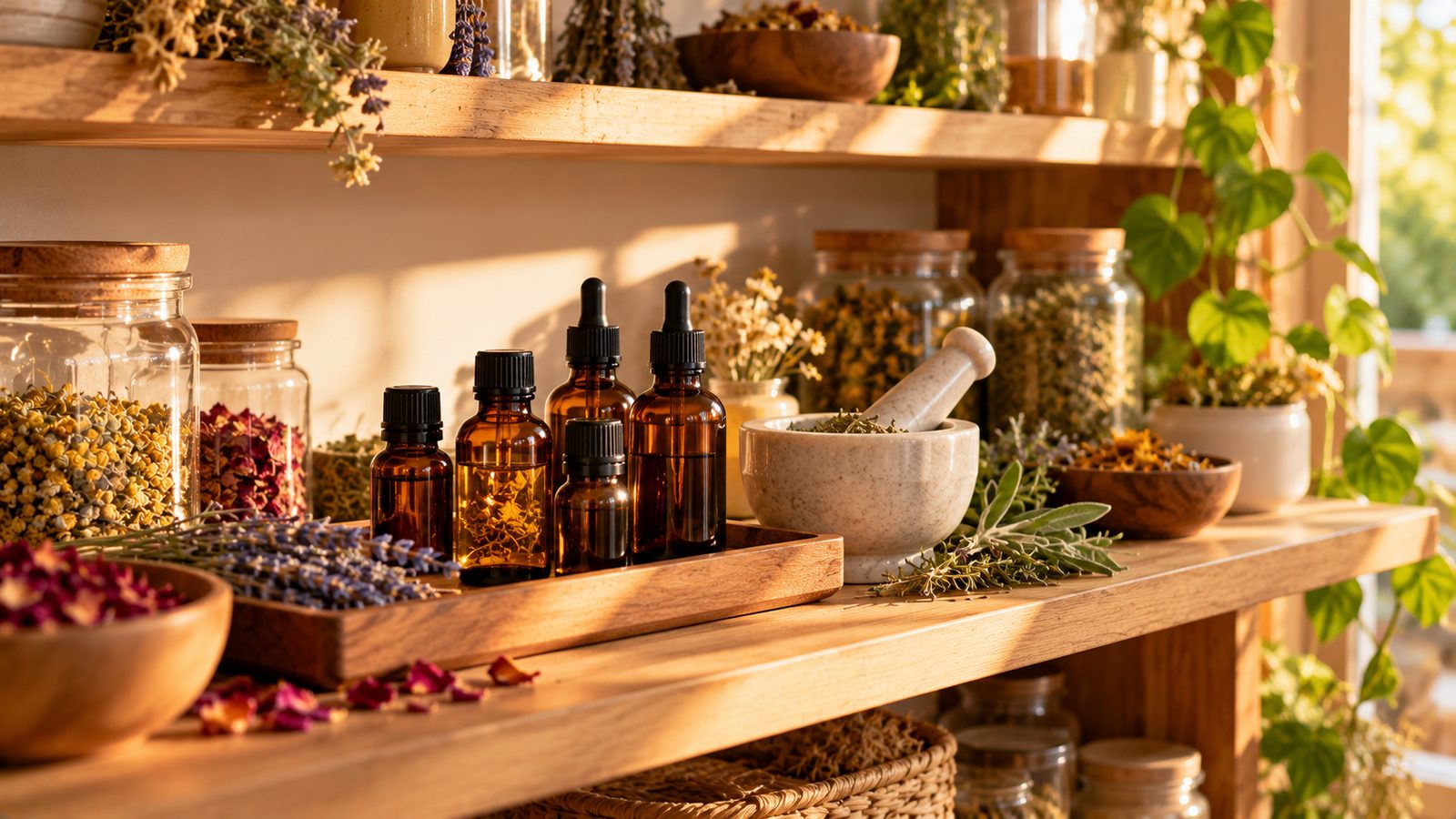 Wooden apothecary shelf with amber essential oil bottles, tincture droppers, dried herbs and a mortar and pestle
