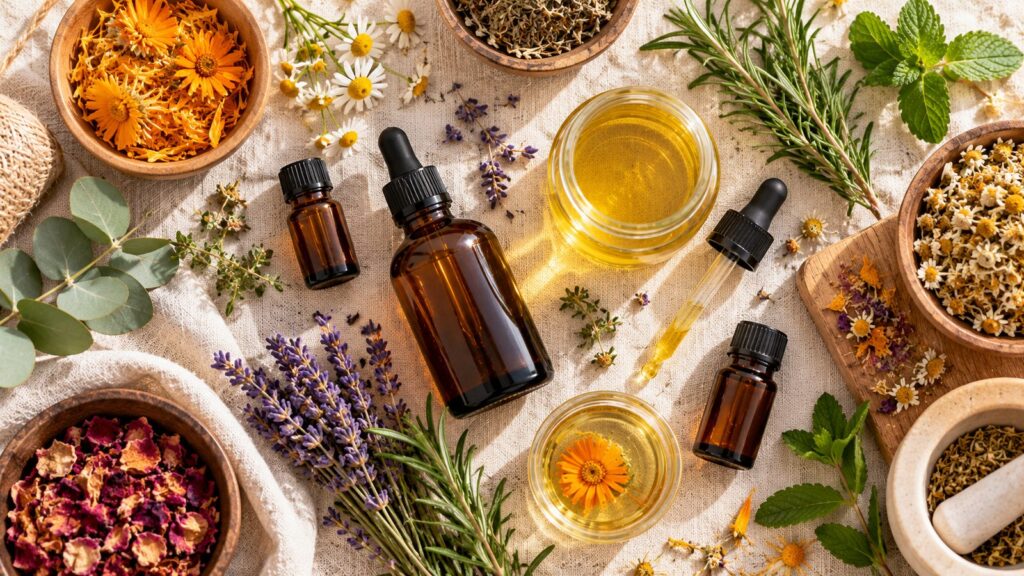 Flat lay of essential oil bottles, a tincture dropper, carrier oil and dried flowers on cream linen