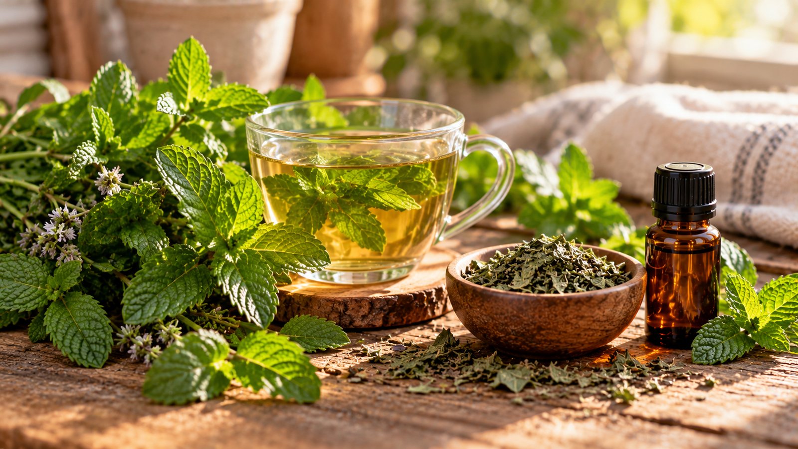 Fresh peppermint, a cup of peppermint tea, dried leaves and an amber oil bottle on a rustic table