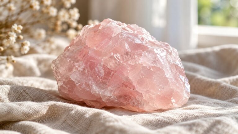 Raw rose quartz chunk on linen in soft window light