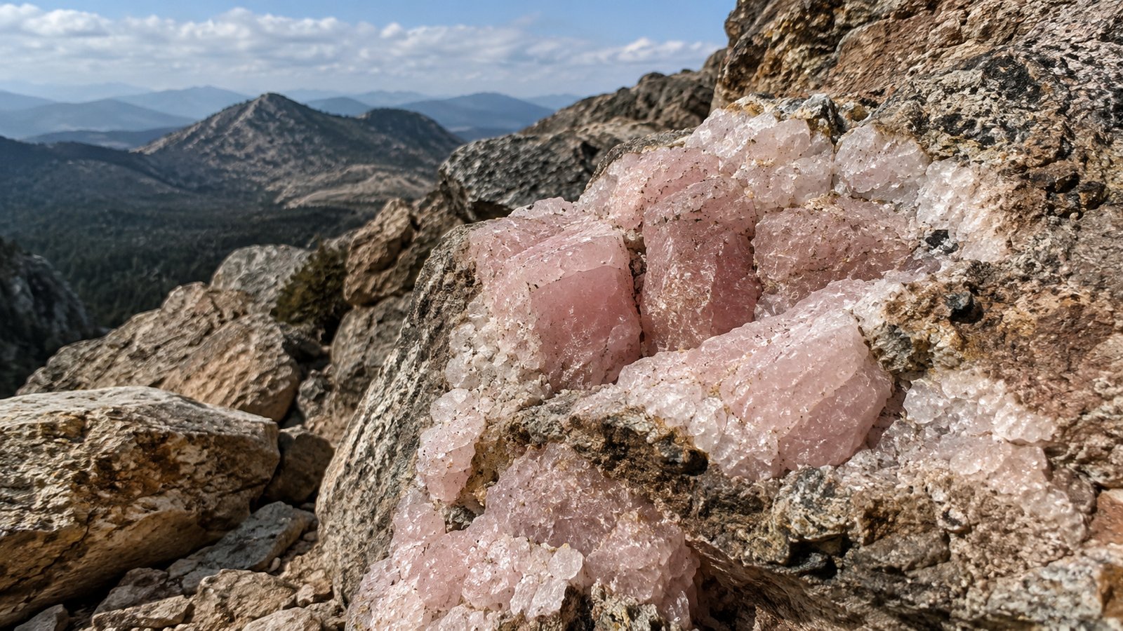 Rose quartz crystals in a rocky mountain outcrop