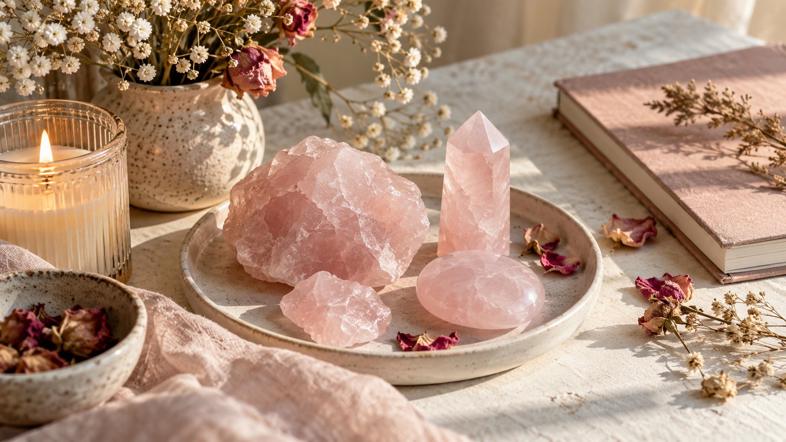 Rose quartz pieces on a ceramic dish with a candle and dried rose petals