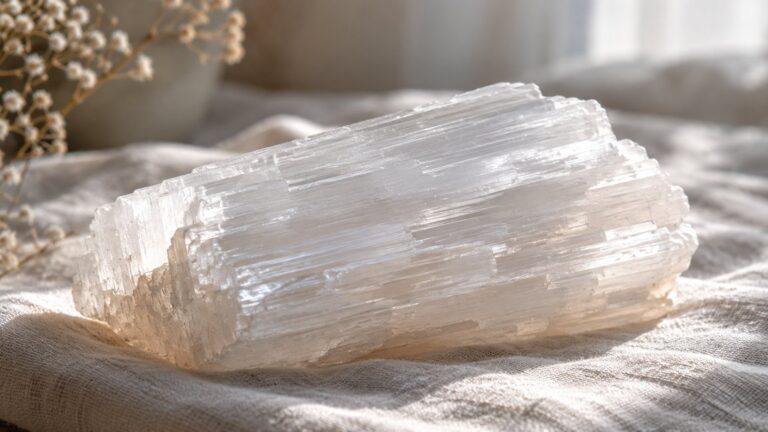 Raw selenite blade on linen in soft window light