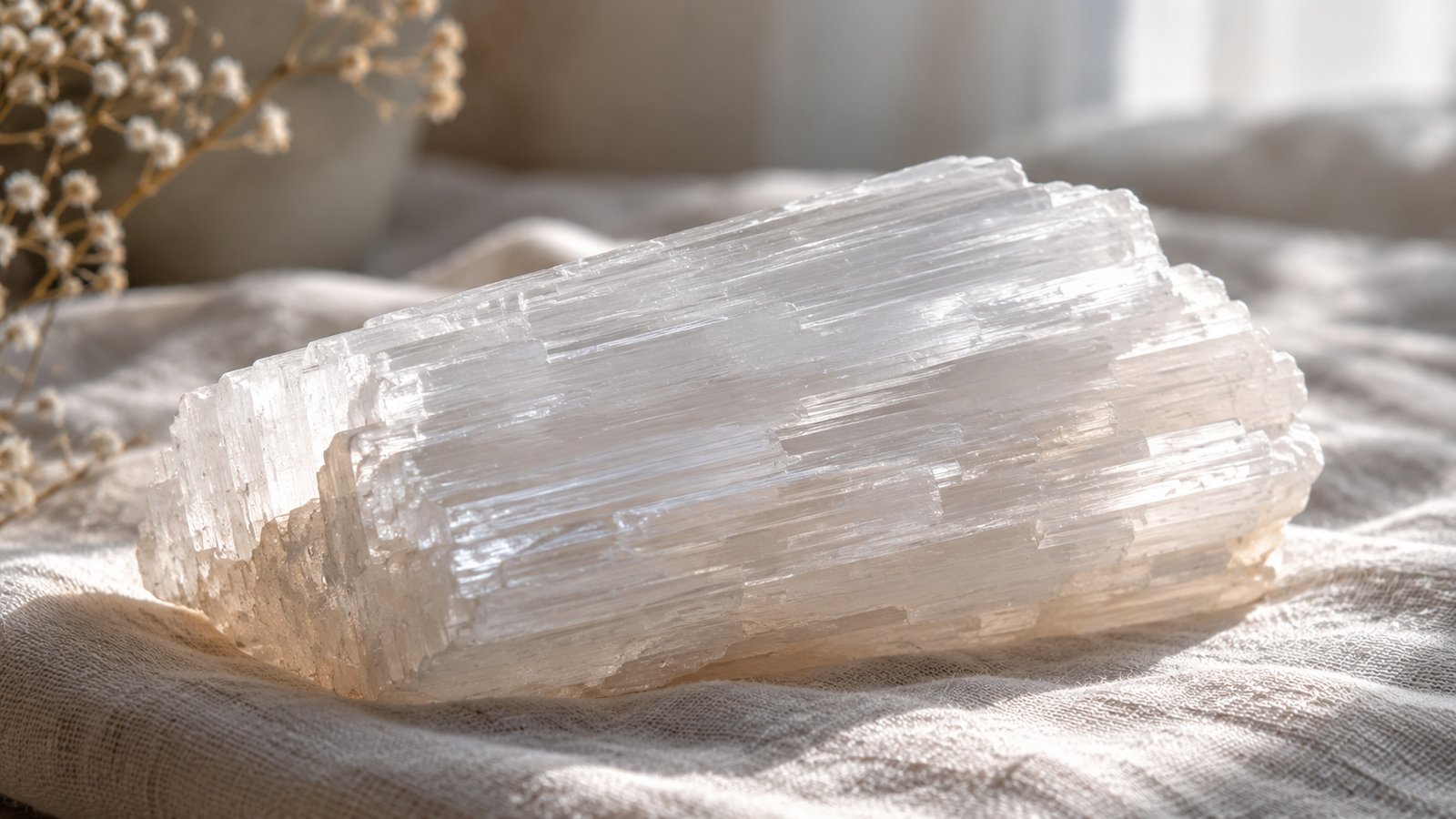 Raw selenite blade on linen in soft window light