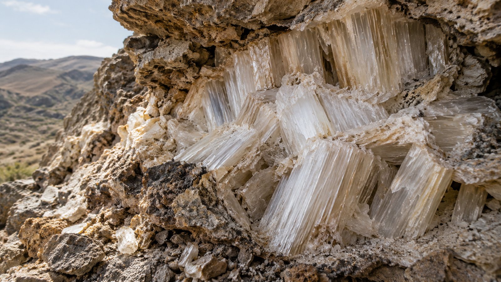 Selenite crystals in a gypsum rock outcrop