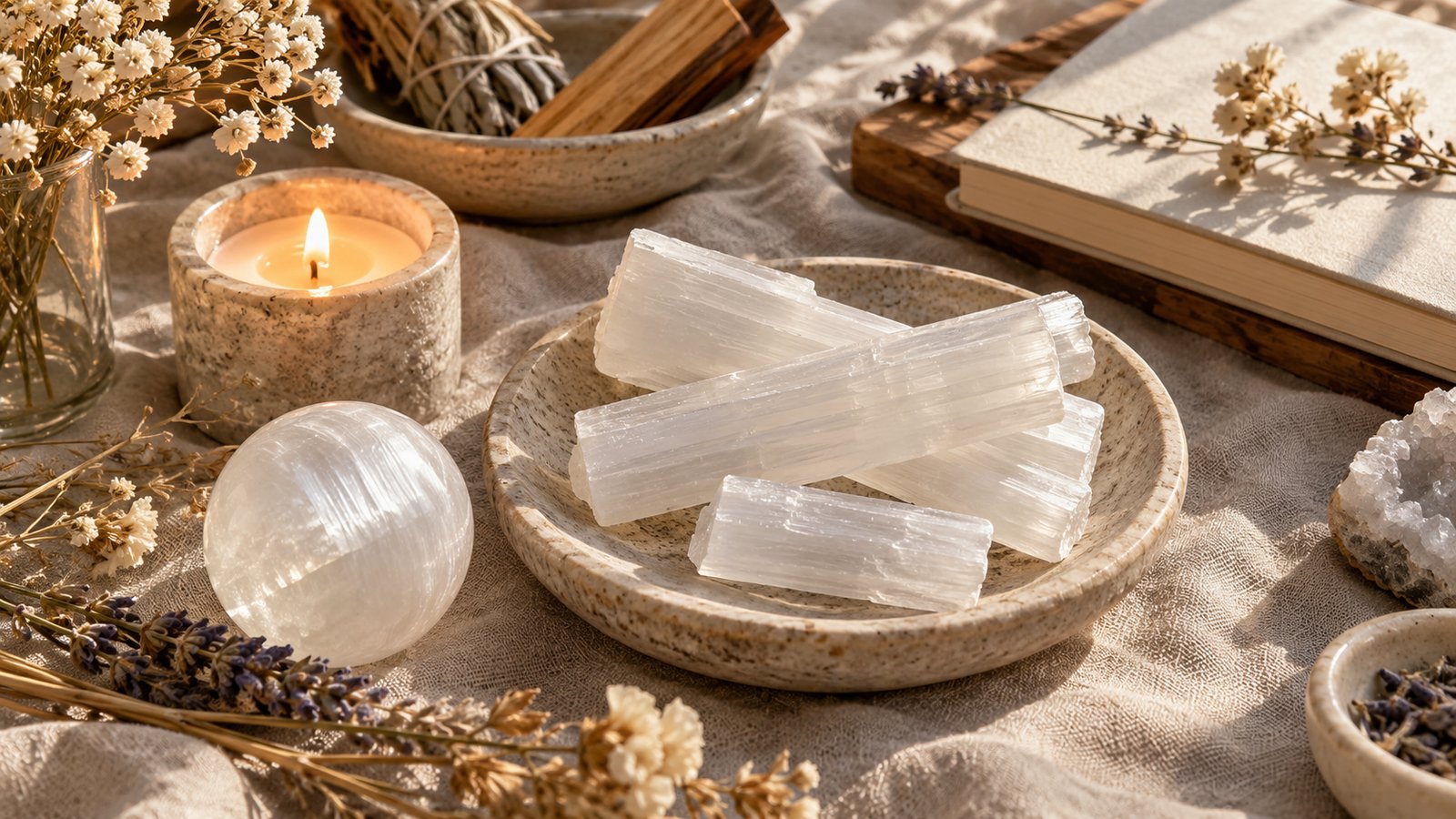 Selenite sticks and sphere on a dish with a candle and dried flowers