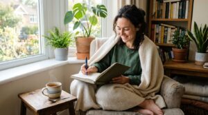 Woman wrapped in a blanket journaling in a cozy armchair by a sunny window with tea and houseplants, a simple self-care moment