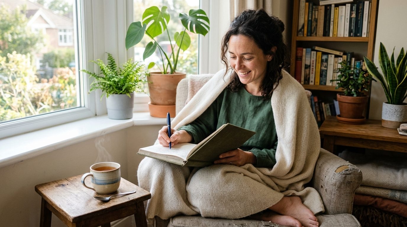 Woman wrapped in a blanket journaling in a cozy armchair by a sunny window with tea and houseplants, a simple self-care moment