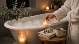 Woman relaxing in a candlelit bubble bath with a book on a bath tray, a free self-care idea at home