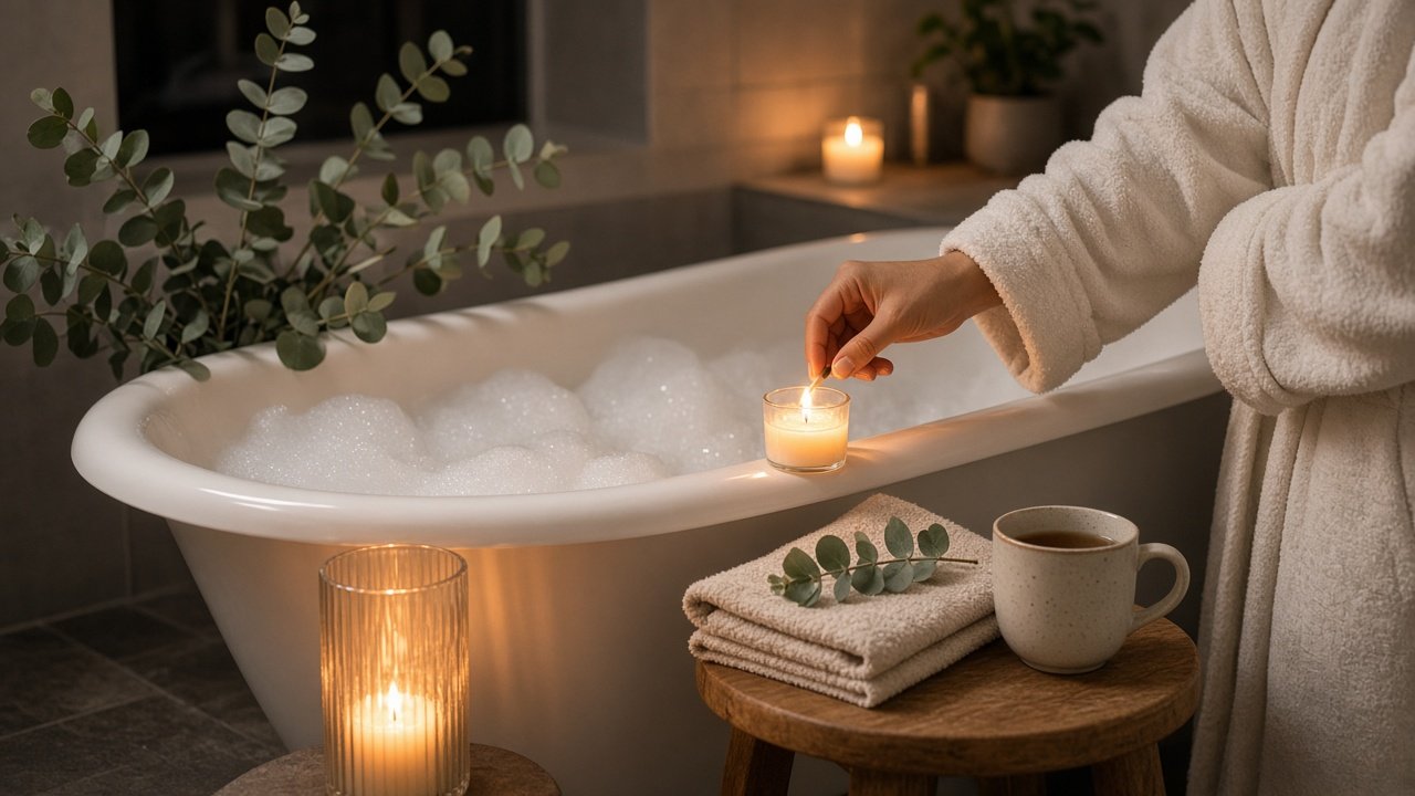 Woman relaxing in a candlelit bubble bath with a book on a bath tray, a free self-care idea at home