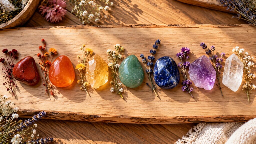 Seven chakra stones in a row from red jasper to clear quartz on a wooden board with dried lavender