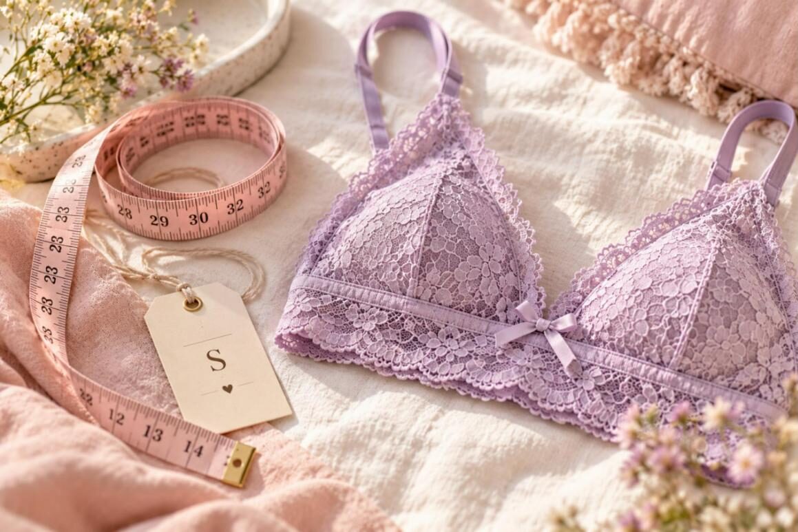 Measuring tape and size tag next to a lace bralette for choosing cup size