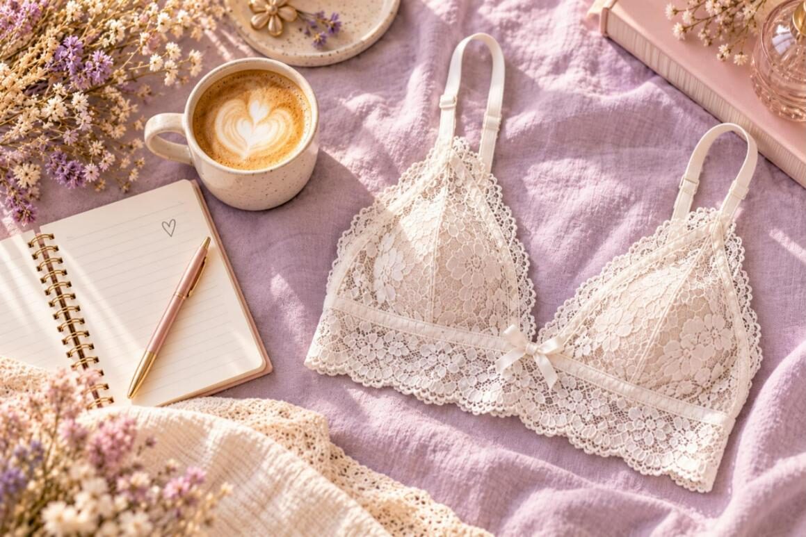 White lace bralette with latte and notebook on lilac linen
