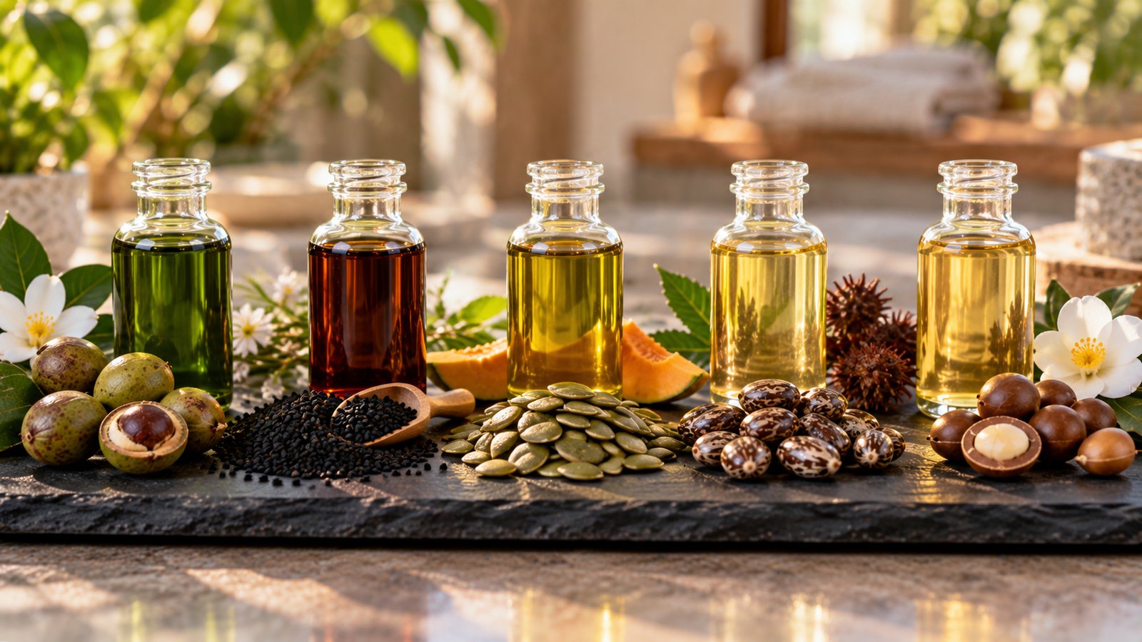 Five specialty carrier oils in glass bottles beside tamanu nuts, black seed, pumpkin seeds, castor seeds and camellia seeds